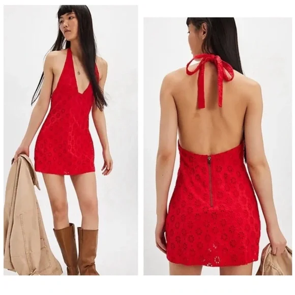 Free People Embroidered Halter Trevi Eyelet Mini Dress Red Women M NWT Boho - Picture 1 of 9